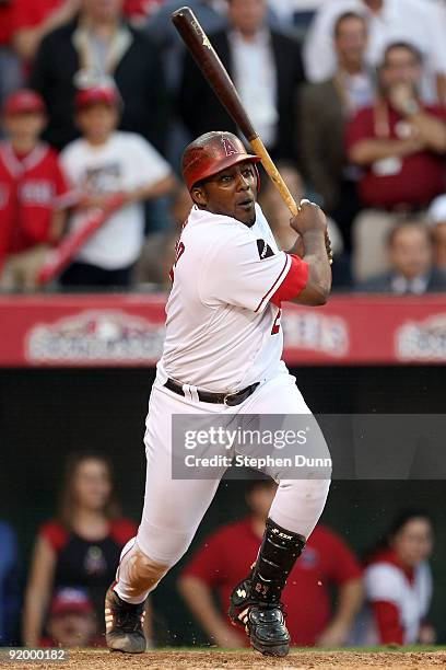 Vladimir Guerrero of the Los Angeles Angels of Anaheim grounds out to first base ending the 10th inning in Game Three of the ALCS against the New...