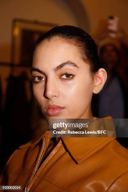 Model backstage ahead of the palmer//harding show during London Fashion Week February 2018 at on February 18, 2018 in London, England.