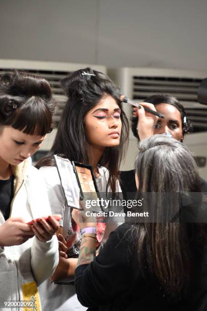 Bakstage at the Ashish show during London Fashion Week February 2018 at BFC Show Space on February 18, 2018 in London, England.