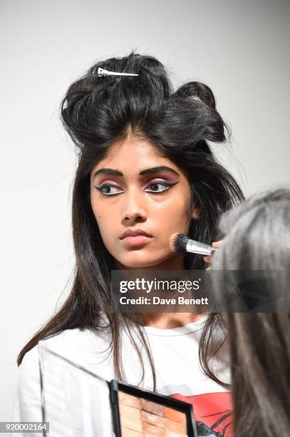 Bakstage at the Ashish show during London Fashion Week February 2018 at BFC Show Space on February 18, 2018 in London, England.