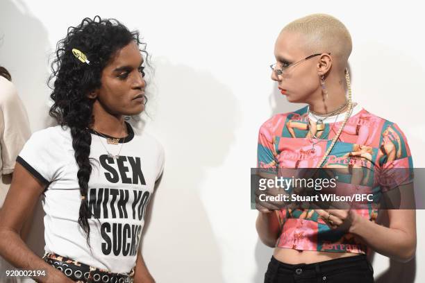 Models backstage ahead of the Ashish show during London Fashion Week February 2018 at BFC Show Space on February 18, 2018 in London, England.