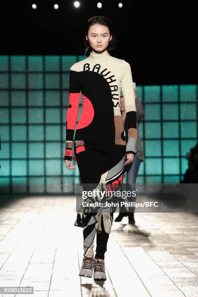 Model walks the runway at the Mary Katrantzou show during London Fashion Week February 2018 on February 18, 2018 in London, England.