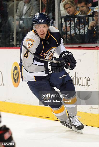 Teemu Laakso of the Nashville Predators skates against the Chicago Blackhawks on October 15, 2009 at the Sommet Center in Nashville, Tennessee.