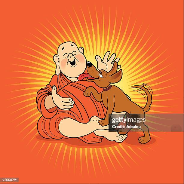 happy buddha sitting in floor orange with his dog - animal saliva stock illustrations