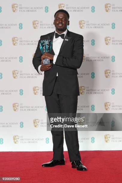 Daniel Kaluuya, winner of the Rising Star award, poses in the press room during the EE British Academy Film Awards held at Royal Albert Hall on...