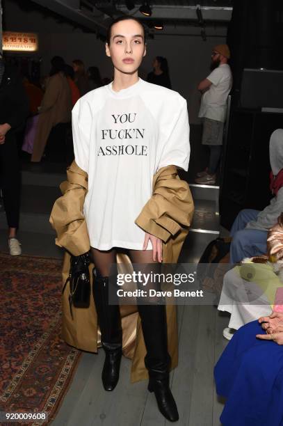 Maxim Magnus attends the Ashish show during London Fashion Week February 2018 at BFC Show Space on February 18, 2018 in London, England.