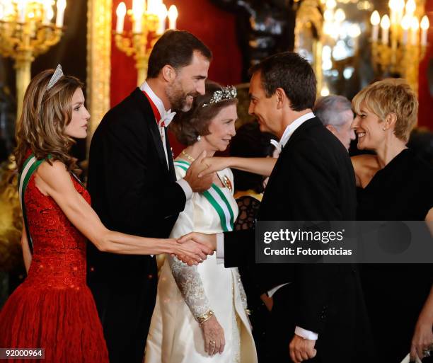 Princess Letizia of Spain, Prince Felipe of Spain and Queen Sofia of Spain receive Prime Minister Jose Luis Rodriguez Zapatero and his wife Sonsoles...