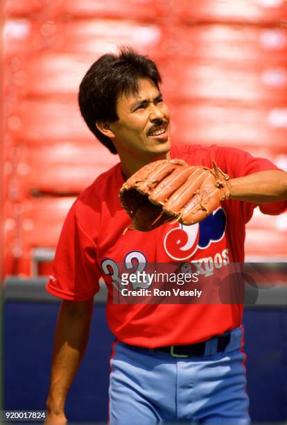 Dennis Martinez of the Montreal Expos looks on during an MLB game versus the St. Louis Cardinals at Busch Stadium in St. Louis, Missouri during the...