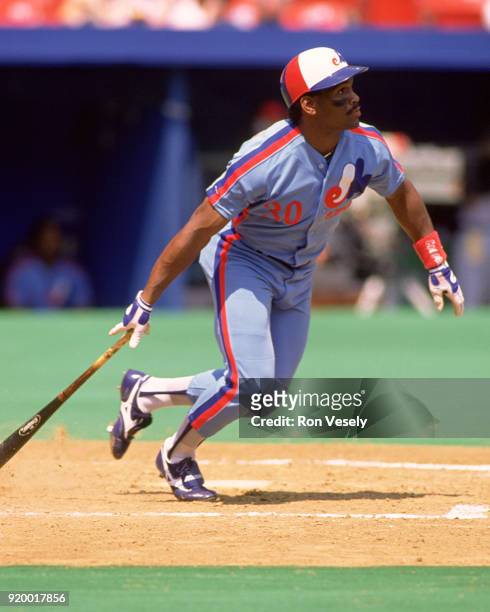 Tim Raines of the Montreal Expos bats during an an MLB game versus the St. Louis Cardinals at Busch Stadium in St. Louis, Missouri during the 1989...