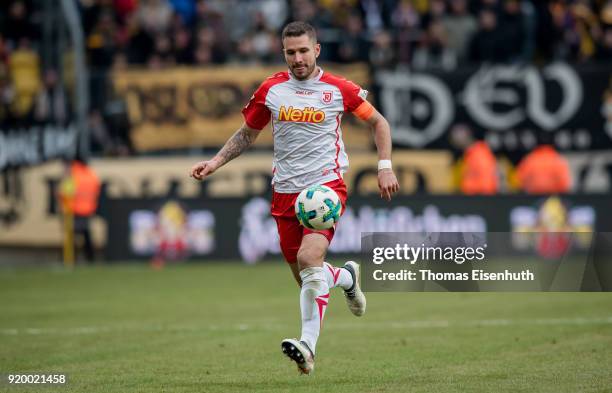 Marco Gruettner of Regensburg plays the ball during the Second Bundesliga match between SG Dynamo Dresden and SSV Jahn Regensburg at DDV-Stadion on...