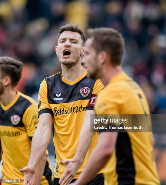 Florian Ballas of Dresden reacts during the Second Bundesliga match between SG Dynamo Dresden and SSV Jahn Regensburg at DDV-Stadion on February 18,...