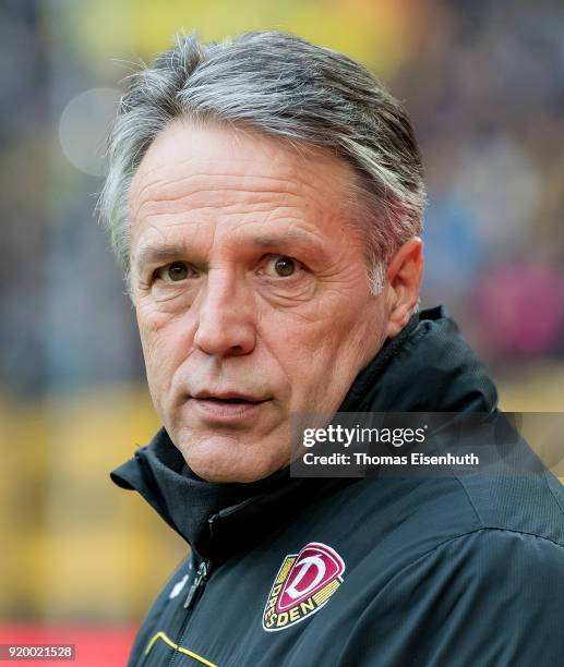 Coach Uwe Neuhaus of Dresden looks on prior the Second Bundesliga match between SG Dynamo Dresden and SSV Jahn Regensburg at DDV-Stadion on February...