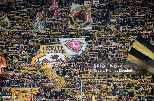 Fans of Dynamo Dresden support the team during the Second Bundesliga match between SG Dynamo Dresden and SSV Jahn Regensburg at DDV-Stadion on...