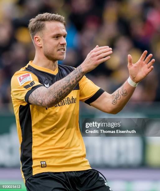 Marcel Franke of Dresden reacts during the Second Bundesliga match between SG Dynamo Dresden and SSV Jahn Regensburg at DDV-Stadion on February 18,...