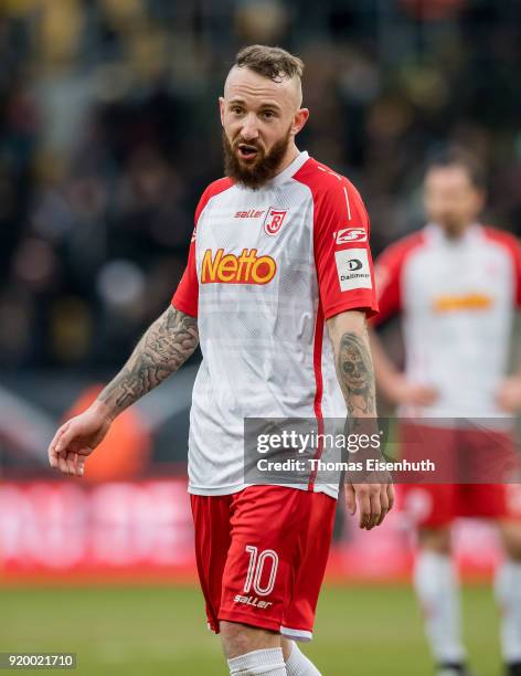 Marvin Knoll of Regensburg reacts after the Second Bundesliga match between SG Dynamo Dresden and SSV Jahn Regensburg at DDV-Stadion on February 18,...