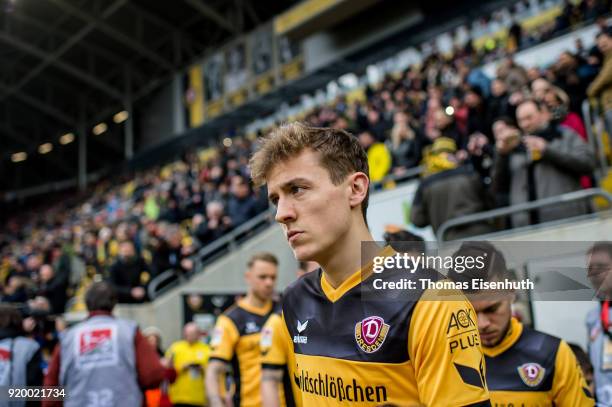 Niklas Hauptmann of Dresden enters the stadium prior the Second Bundesliga match between SG Dynamo Dresden and SSV Jahn Regensburg at DDV-Stadion on...