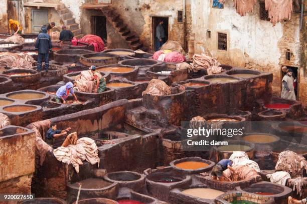 people working in the famous tannery complex of fes in foul smelling conditions. - leather goods stock pictures, royalty-free photos & images