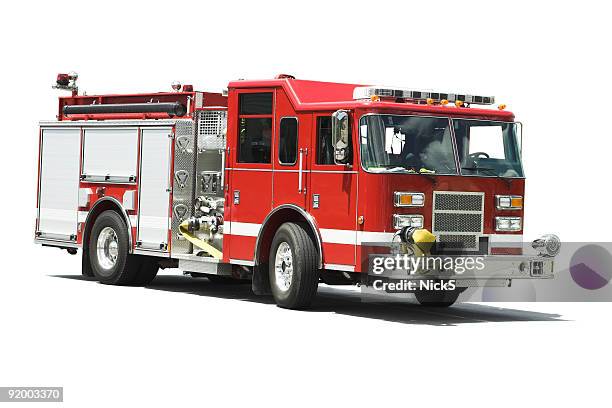 isolated fire truck - brandweerwagen stockfoto's en -beelden