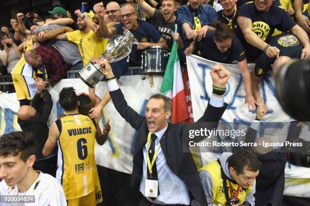 Roberto Nicolai general manager of Fiat stands with the cup during the LBA Legabasket match semifinal of Coppa Italia between Auxilium Fiat Torino...