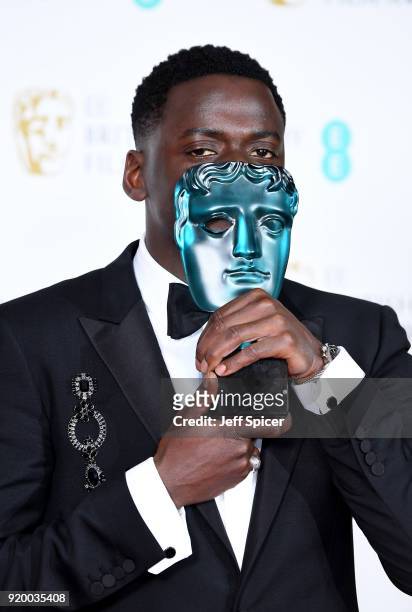 Actor Daniel Kaluuya, winner for the EE Rising Star award, poses in the press room during the EE British Academy Film Awards held at Royal Albert...