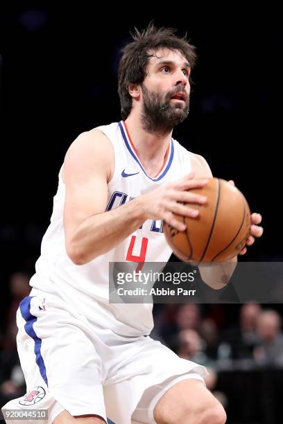 Milos Teodosic of the LA Clippers looks to take a shot against the Brooklyn Nets in the fourth quarter during their game at Barclays Center on...