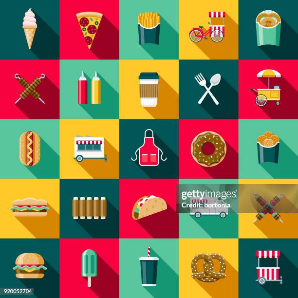 illustrazioni stock, clip art, cartoni animati e icone di tendenza di set di icone street food dal design piatto con ombra laterale - chiosco degli snack