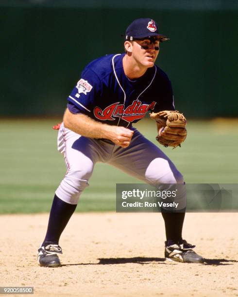 Jim Thome of the Cleveland Indians fields during an MLB game against the Oakland Athletics at he Oakland-Alameda County Colosseum. Thome played for...