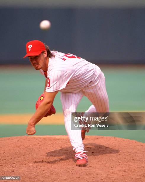 Mitch Williams of the Philadelphia Phillies pitches during an MLB game at Veterans Stadium in Philadelphia, Pennsylvania during the 1993 season.