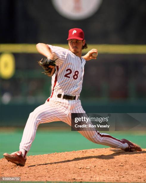 Mitch Williams of the Philadelphia Phillies pitches during an MLB game at Veterans Stadium in Philadelphia, Pennsylvania during the 1993 season.