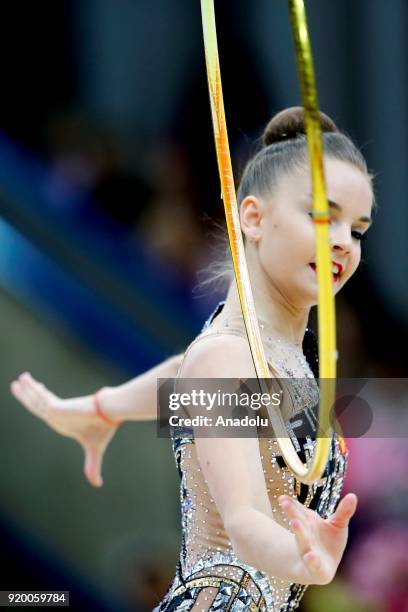 Russian individual rhythmic gymnast Arina Averina performs during the 2018 Moscow Rhythmic Gymnastics Grand Prix GAZPROM Cup in Moscow, Russia on...