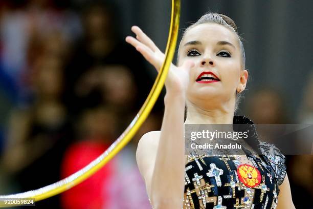 Russian individual rhythmic gymnast Arina Averina performs during the 2018 Moscow Rhythmic Gymnastics Grand Prix GAZPROM Cup in Moscow, Russia on...