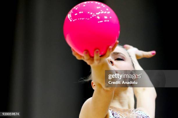 Jouki Tikkanen of Finland performs during the 2018 Moscow Rhythmic Gymnastics Grand Prix GAZPROM Cup in Moscow, Russia on February 18, 2018.