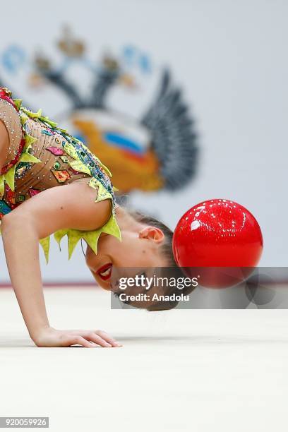Russian individual rhythmic gymnast Dina Averina performs during the 2018 Moscow Rhythmic Gymnastics Grand Prix GAZPROM Cup in Moscow, Russia on...