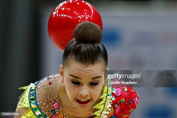 Russian individual rhythmic gymnast Dina Averina performs during the 2018 Moscow Rhythmic Gymnastics Grand Prix GAZPROM Cup in Moscow, Russia on...