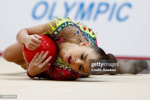 Russian individual rhythmic gymnast Dina Averina performs during the 2018 Moscow Rhythmic Gymnastics Grand Prix GAZPROM Cup in Moscow, Russia on...