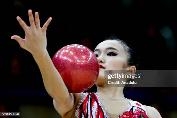 Japanese individual rhythmic gymnast Sumira Kita performs during the 2018 Moscow Rhythmic Gymnastics Grand Prix GAZPROM Cup in Moscow, Russia on...