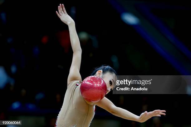 Japanese individual rhythmic gymnast Sumira Kita performs during the 2018 Moscow Rhythmic Gymnastics Grand Prix GAZPROM Cup in Moscow, Russia on...