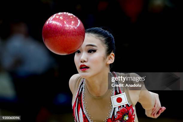 Japanese individual rhythmic gymnast Sumira Kita performs during the 2018 Moscow Rhythmic Gymnastics Grand Prix GAZPROM Cup in Moscow, Russia on...