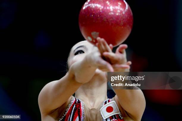 Japanese individual rhythmic gymnast Sumira Kita performs during the 2018 Moscow Rhythmic Gymnastics Grand Prix GAZPROM Cup in Moscow, Russia on...