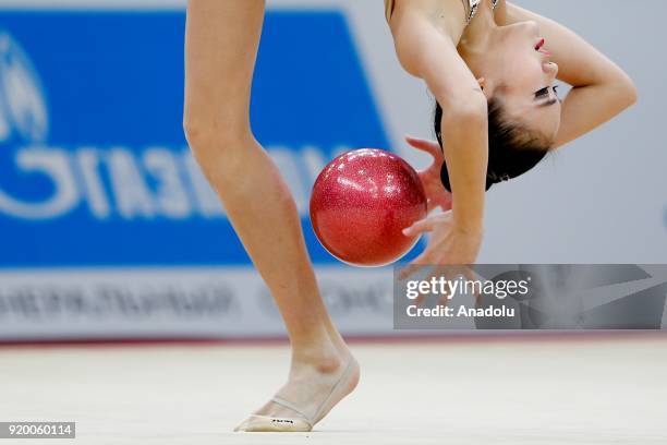 Japanese individual rhythmic gymnast Sumira Kita performs during the 2018 Moscow Rhythmic Gymnastics Grand Prix GAZPROM Cup in Moscow, Russia on...