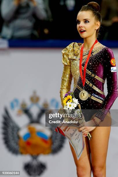 Russian individual rhythmic gymnast Dina Averina during the award ceremony 2018 Moscow Rhythmic Gymnastics Grand Prix GAZPROM Cup in Moscow, Russia...