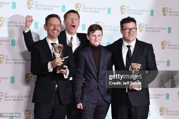 Jonas Mortensen, Sam Spruell, Dylan Naden and Colin O'Toole, winners of the British Short Film award for the movie "Coyboy Dave", pose in the press...
