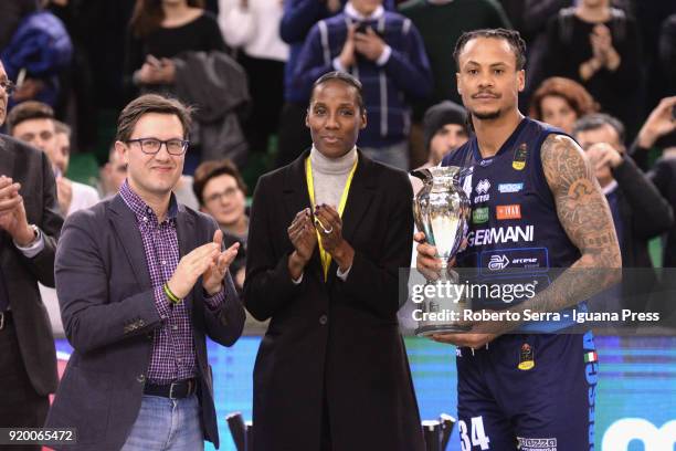 David Moss captain of Germani receives the cup of second team by ex atlet Fiona May during the LBA Legabasket match ifinal of Coppa Italia between...