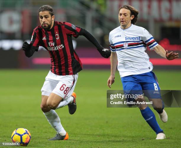 Ricardo Rodriguez of AC Milan is challenged by Edgar Barreto of UC Sampdoria during the serie A match between AC Milan and UC Sampdoria at Stadio...