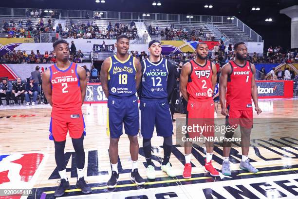 The participants are introduced before the 2018 NBA G-League Slam Dunk contest as a part of 2018 NBA All-Star Weekend at Verizon Up Arena at LACC on...