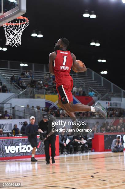 Ike Nwamu of the Sioux Falls Skyforce attempts a dunk during the 2018 NBA G-League Slam Dunk Contest as part of 2018 NBA All-Star Weekend on February...