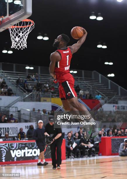 Ike Nwamu of the Sioux Falls Skyforce attempts a dunk during the 2018 NBA G-League Slam Dunk Contest as part of 2018 NBA All-Star Weekend on February...