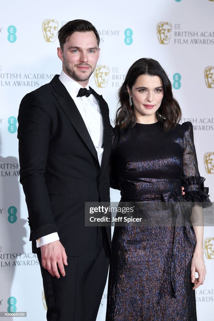 Nicholas Hoult and Rachel Weisz pose in the press room during the EE ...