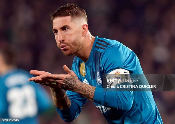 Real Madrid's Spanish defender Sergio Ramos celebrates scoring a goal during the Spanish league football match Real Betis vs Real Madrid at the...