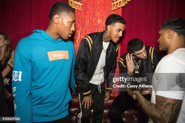 Ike Anigbogu of the Indiana Pacers, guest, Lonzo Ball of the Los Angeles Lakers and friend Darren Moore attend the Big Baller Brand hosts a fashion...